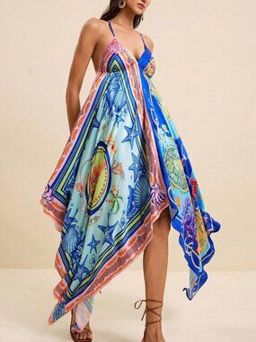 Multicolor Boho Women's V-Neck Spaghetti Strap Ocean Print Maxi Beach Dress